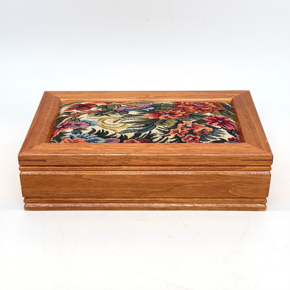 Vintage Wood & Tapestry Needlepoint Top Jewelry Box Witg Tan Interior & Mirror